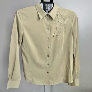 Vintage DLG Green Women’s Button Down Collared Embroidered Blouse Size 8